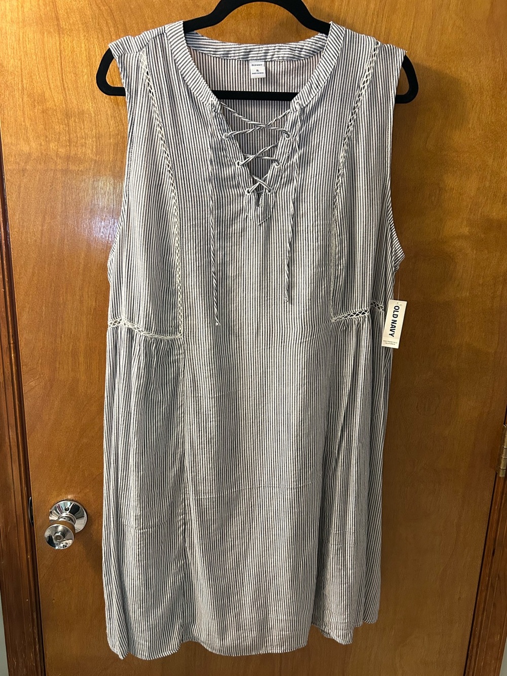 NWT Old Navy White & Navy Striped Sleeveless Lace-Up Dress- XL